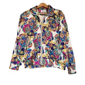 Vtg Satin Bomber Jacket Womens M Jewelry Print Emerald Full Zip Celestial 80s